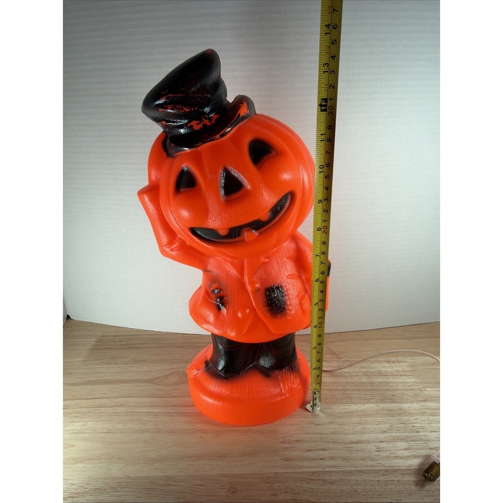 Halloween Blow Mold Pumpkin Top Hat Light Up Jack O Lantern 14" H - Picture 3 of 6